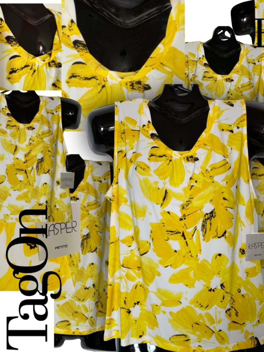 Brand New Kasper Embroidered Neckline Yellow Floral B&W Sleeveless Top